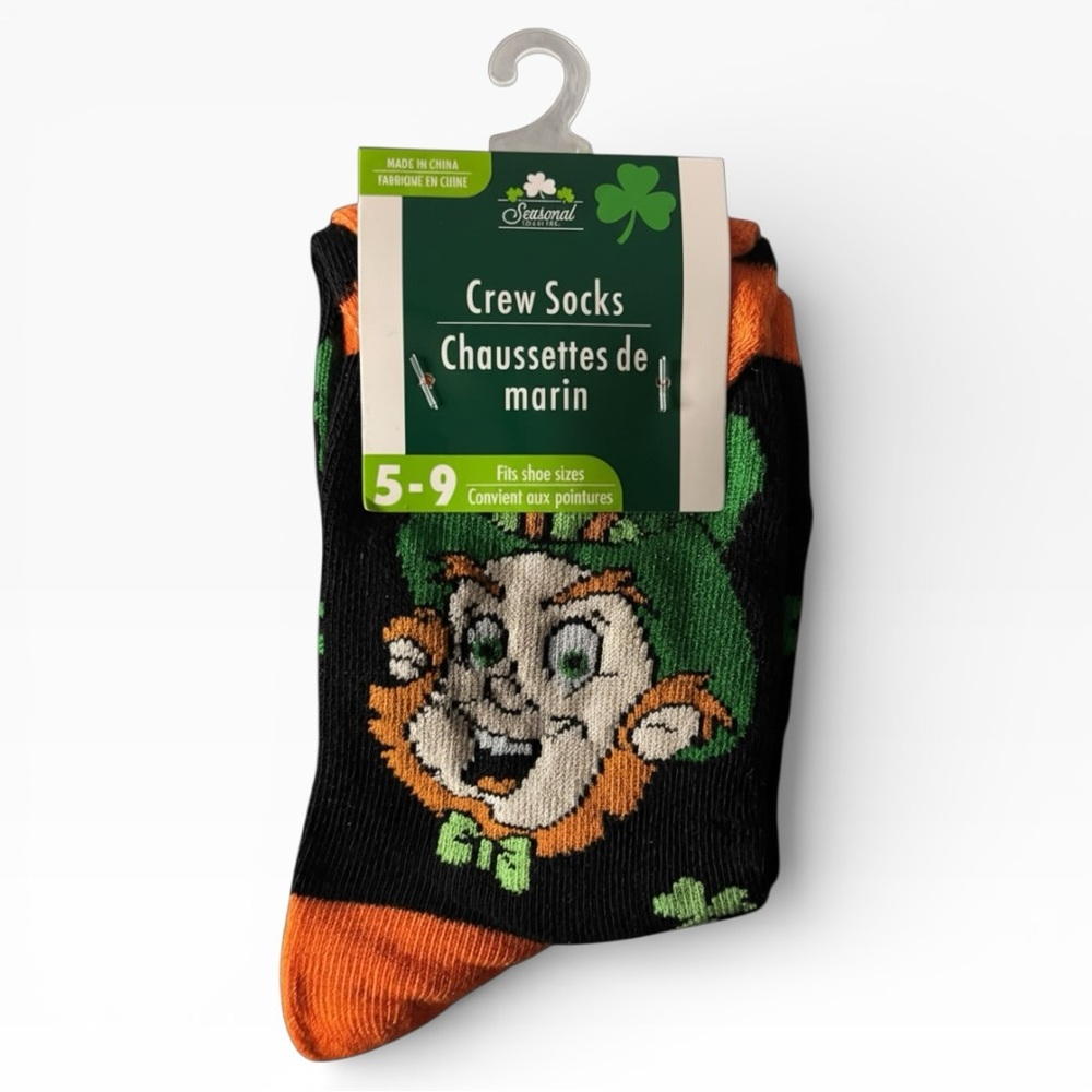 St. Patrick Black and Orange Leprechaun Crew Socks
